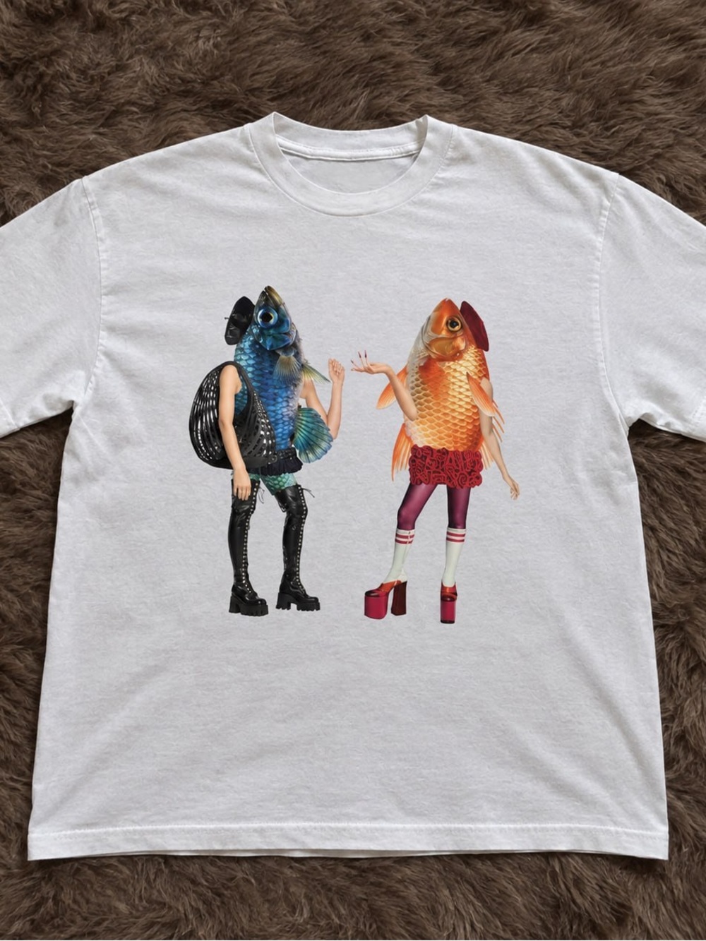 Blue and Orange Fish-Head Characters Gildan White Tee